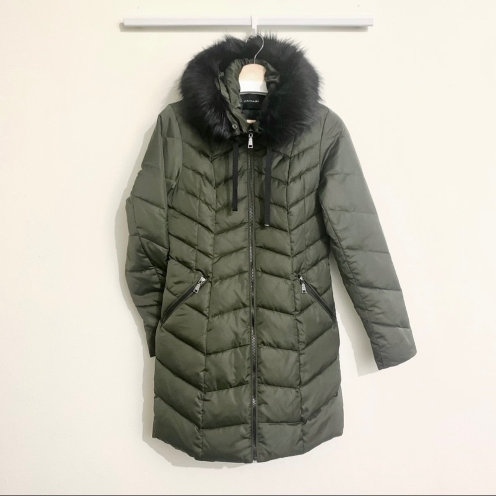 Tahari Gwen Faux Fur Trim Puffer Coat Down Feather